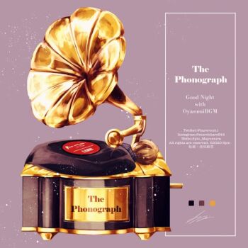 1boy highres instagram_username lying object_focus on_back original phonograph purple_background signature solo spin_mayumura twitter_username weibo_username