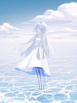 Rule 34 | 1girl, absurdres, arm at side, artist name, blue sky, choker, closed mouth, cloud, commentary, day, dress, english commentary, expressionless, from side, full body, hair intakes, hair over one eye, halo, highres, horizon, huhv., long hair, looking at viewer, looking to the side, mornye (wuthering waves), ocean, one eye covered, orange eyes, outdoors, parted bangs, simple bird, sky, sleeveless, sleeveless dress, solo, spaghetti strap, standing, straight hair, wading, water, white choker, white dress, white hair, wuthering waves, x-ray
