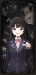 Rule 34 | 6+girls, absurdres, animegao, black background, black hair, black jacket, blunt bangs, blush, bow, bowtie, brown sweater, cellphone photo, chibi, collared shirt, commentary request, cosplay, grey eyes, hair ornament, hairclip, highres, hime cut, hito mania (utau), jacket, kigurumi, lapels, long hair, long sleeves, looking at viewer, multiple girls, multiple persona, nazono mito, nezumidoshi, nijisanji, open mouth, pink bow, pink bowtie, pointing, pointing at viewer, shirt, smile, song name, sweater, tsukino mito, tsukino mito (1st costume), upper body, virtual youtuber