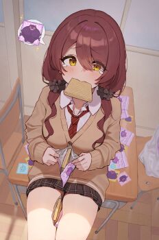 1girl absurdres between_thighs black_skirt blush brown_cardigan brown_hair cardigan chair classroom desk food food_in_mouth highres idolmaster idolmaster_shiny_colors indoors long_hair low_twintails necktie on_desk osaki_tenka plaid_clothes plaid_skirt red_necktie school_chair school_desk school_uniform shirt sitting skirt solo speech_bubble spoken_object swept_bangs tears twintails wafer wanitaroo._(waniwani_panic) white_shirt yellow_eyes