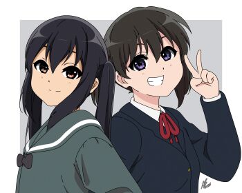 2girls alternate_costume animebrit artist_name black_hair blush brown_eyes closed_mouth crossover dot_nose feet_out_of_frame female_focus green_sailor_collar hair_between_eyes jacket jacket_on_shoulders k-on! kuraue_hinata long_hair looking_at_viewer multiple_girls nakano_azusa purple_eyes ribbon sailor_collar sakuragaoka_high_school_uniform school_uniform serafuku shirt short_hair simple_background standing teeth twintails v white_shirt yama_no_susume