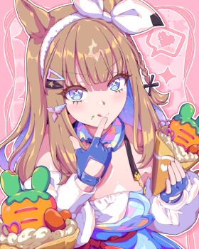 +_+ 1girl almond_eye_(umamusume) animal_ears blue_eyes blue_gloves blush bow_hairband braid braided_sidelocks breasts brown_hair carrot closed_mouth colored_inner_hair crepe detached_sleeves dress fingerless_gloves food food_on_face gloves hair_between_eyes hair_ornament hairband hairclip heart highres holding holding_crepe holding_food horse_ears horse_girl kan_lee long_hair looking_at_viewer multicolored_hair smile solo symbol-shaped_pupils tongue tongue_out umamusume upper_body white_hairband x-shaped_pupils