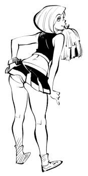 1girl ann_possible ass bare_arms bare_shoulders blush cheerleader clothes_lift disney female_focus greyscale kim_possible_(series) leaning_forward lifting_own_clothes lips looking_back mature_female miniskirt monochrome mouth_hold nose_blush panties pantyshot pom_pom_(cheerleading) profile ramb_chop shoes short_hair sketch skirt skirt_lift smile socks solo standing swept_bangs underwear upskirt wide_hips