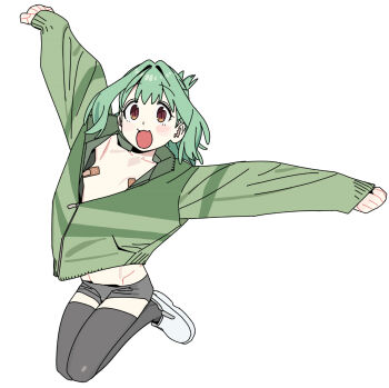 1boy :3 :d androgynous bandaid bandaids_on_nipples black_panties black_thighhighs blush breasts brown_eyes folded_ponytail green_hair green_jacket hair_between_eyes highres imamura_ryou jacket jumping long_sleeves open_clothes open_jacket open_mouth panties pasties seitokai_ni_mo_ana_wa_aru! shoes sleeves_past_wrists smile thighhighs underwear white_background white_shoes zipper_pull_tab