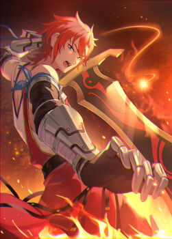 1boy ancient_greek_clothes arm_scarf black_gloves blue_eyes commentary_request crozzo_(danmachi) danmachi_eiyuutan_argonaut dungeon_ni_deai_wo_motomeru_no_wa_machigatteiru_darou_ka elbow_gloves fire from_side gloves greatsword greco-roman_clothes hand_up highres himation holding holding_sword holding_weapon kakage looking_at_viewer looking_to_the_side male_focus novel_illustration official_art open_mouth red_hair second-party_source short_hair solo sword vambraces weapon