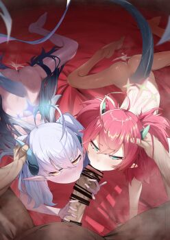1boy 2girls absurdres ahoge bar_censor bed_sheet blue_archive blue_horns blush censored completely_nude cooperative_fellatio enlightenment_(keimontinus) erection fellatio ffm_threesome green_eyes grey_hair group_sex hair_between_eyes halo hetero highres horn_grab horns loli long_hair looking_at_viewer lying momoka_(blue_archive) multiple_girls nude on_stomach oral penis pink_hair pointy_ears pov sumomo_(blue_archive) tail teamwork_(sexual) threesome yellow_eyes