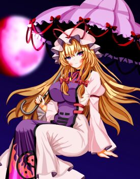 1girl blonde_hair blurry blurry_background blush bow breasts closed_mouth commentary_request dress flame_print hair_bow hat hat_ribbon highres holding holding_umbrella juliet_sleeves large_breasts legs_together long_hair long_sleeves looking_at_viewer mob_cap moon neck_ribbon night night_sky outdoors puffy_sleeves purple_eyes purple_tabard purple_umbrella red_ribbon ribbon sitting sky sleeves_past_wrists solo tabard tokonote touhou umbrella umbrella_bow umbrella_ribbon white_dress white_hat yakumo_yukari