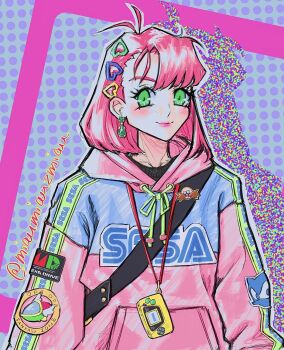 1girl antenna_hair asymmetrical_bangs black_shirt blue_background blue_hoodie border closed_mouth commentary crystal_earrings drawstring drop_shadow earrings fantasy_zone game_console green_eyes green_ribbon hair_ornament handheld_game_console heart heart_hair_ornament highres hood hoodie jewelry lanyard light_blush long_sleeves medium_hair opa-opa original outline patch pink_border pink_hair pink_hoodie pink_lips polka_dot polka_dot_background poririna purple_background ribbon sega sega_game_gear sega_mega_drive shirt smile solo sonic_(series) sonic_the_hedgehog static symbol-only_commentary twitter_username two-tone_hoodie upper_body white_outline