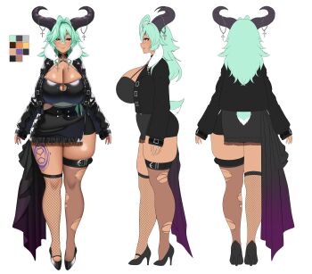 1girl absurdres asymmetrical_legwear azura_dulait belt black_belt black_horns black_jacket black_shoes black_skirt bow breasts brown_eyes cleavage clothing_cutout color_guide commentary cross dark-skinned_female dark_skin english_commentary eyeshadow fishnet_thighhighs fishnets goat_girl goat_horns goat_tail gradient_clothes green_hair hair_between_eyes high_heels highres horns huge_breasts jacket leg_tattoo long_hair makeup multiple_views open_clothes open_jacket purple_eyeshadow purple_nails second-party_source shoes single_fishnet_legwear skirt sleeves_past_wrists suruga_(xsurugax) tail tattoo thigh_belt thigh_strap thighhighs torn_clothes torn_thighhighs vallure virtual_youtuber white_bow