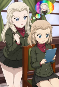 Rule 34 | 10s, 2girls, blonde hair, blue eyes, blush, breasts, clara (girls und panzer), fang, girls und panzer, heaven condition, inoshira, katyusha (girls und panzer), large breasts, mirror, multiple girls, open mouth, pravda school uniform, school uniform, short hair, skirt, smile, speech bubble, thought bubble, window