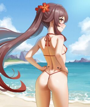 1girl ass back bare_shoulders beach bikini black_nails blue_sky blush breasts brown_hair cloud cowboy_shot day floating_hair flower flower-shaped_pupils from_behind genshin_impact grin hair_flower hair_ornament halterneck hands_on_own_hips highleg highleg_bikini highres hu_tao_(genshin_impact) long_hair looking_at_viewer looking_back micro_bikini nail_polish ocean outdoors petite plum_blossoms red_bikini red_eyes sand sky small_breasts smile solo standing string_bikini swimsuit symbol-shaped_pupils thighs twintails very_long_hair vesuvandrifter water