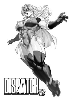 1girl abs absurdres armor blonde_blazer bodysuit boots breasts cape dispatch domino_mask ericmartindood eye_mask greyscale high_heels highres jewelry large_breasts long_hair mask monochrome muscular muscular_female necklace pauldrons shoulder_armor smile solo superhero_costume thick_thighs thigh_boots thighs