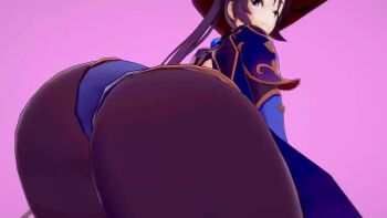 124renka 1girl 3d animated animated_gif ass ass_focus ass_shake black_hair blush bouncing_breasts breasts breasts_out genshin_impact hat huge_ass jiggle large_breasts leotard looking_at_viewer looking_back mona_(genshin_impact) pantyhose purple_background sideboob simple_background solo thick_thighs thighs twintails witch_hat