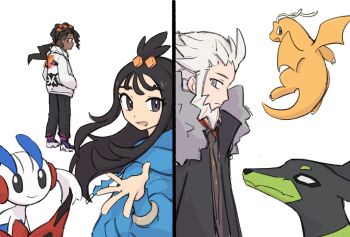 1girl 2boys :d beard black_hair black_pants blue_hoodie bracelet coat commentary dark-skinned_male dark_skin dragonite eyelashes facial_hair floette floette_(eternal) gen_1_pokemon gen_6_pokemon highres hood hoodie jacket jewelry legendary_pokemon lida_(pokemon) long_hair long_sleeves multiple_boys naveen_(pokemon) nintendo open_clothes open_coat open_mouth pants pokemon pokemon_(creature) pokemon_legends:_z-a short_hair sidelocks smile spread_fingers standing tassel white_background white_jacket xlii_idk zygarde zygarde_(10)