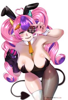1girl ahoge animal_ears armpits asymmetrical_horns black_leotard black_nails breasts carrot carrot_hair_ornament cleavage demon_girl demon_horns demon_tail drill_hair easter_egg egg fangs fishnet_pantyhose fishnets food-themed_hair_ornament hair_ornament heart heart_ahoge highres horns indie_virtual_youtuber ironmouse kairuereiko large_breasts leotard looking_at_viewer mismatched_horns multicolored_hair pantyhose pink_hair playboy_bunny purple_eyes purple_hair purple_streaks rabbit_ears single_fishnet_legwear smile solo streaked_hair tail thighhighs thighs twin_drills twintails virtual_youtuber white_background white_horns white_thighhighs