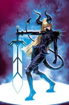 1girl aqua_eyes black_bodysuit black_gloves black_horns black_mask black_tail blonde_hair blunt_bangs bodysuit comic_cover commentary demon_tail english_commentary full_body gloves glowing glowing_sword glowing_weapon hellfire_gala highres holding holding_sword holding_weapon horns long_hair looking_at_viewer magik_(x-men) marvel mask matt_wilson mouth_mask new_mutants official_alternate_costume official_art planted planted_sword planted_weapon russell_dauterman solo sword tail weapon x-men