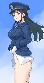 Rule 34 | 1girl, black hair, blue jacket, blue necktie, blue sky, breasts, brown eyes, cat hair ornament, clothes lift, cloud, cloudy sky, commentary request, coveredcore, cowboy shot, day, from side, gloves, hair ornament, hat, highres, jacket, large breasts, lifting own clothes, long hair, looking at viewer, mao mao (sonic wings), mole, mole under eye, necktie, no pants, panties, peaked cap, pilot uniform, profile, shirt lift, sidelocks, sky, smile, solo, sonic wings, suit jacket, thick eyebrows, underwear, white gloves, white panties