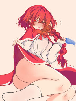 Rule 34 | 1girl, ass, blush, bow, bowtie, braid, breasts, capelet, chinese commentary, clothes lift, commentary request, double-parted bangs, feet out of frame, fliex, food, furrowed brow, hair between eyes, highres, holding, holding food, holding popsicle, knees, lifting own clothes, long braid, long hair, long sleeves, looking at viewer, lying, medium breasts, melting popsicle, narrowed eyes, no panties, no shoes, nose blush, okazaki yumemi, on side, open mouth, popsicle, presenting, presenting ass, reclining, red bow, red bowtie, red capelet, red eyes, red hair, red skirt, shirt, simple background, single braid, sitting, skirt, skirt lift, socks, solo, sweatdrop, thighs, touhou, touhou (pc-98), white shirt, white socks