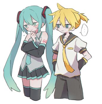 ... 1boy 1girl arm_support arm_tattoo bare_shoulders black_boots black_pants black_skirt black_sleeves blonde_hair blue_eyes blue_hair blue_necktie blush boots clenched_hand closed_mouth collarbone collared_shirt cowboy_shot detached_sleeves flying_sweatdrops gradient_hair green_hair grey_shirt hair_between_eyes hair_ornament half-closed_eyes hand_on_own_chin hand_up hands_on_own_hips hatsune_miku high_ponytail highres kagamine_len long_hair long_sleeves looking_at_another miniskirt multicolored_hair musical_note musical_note_print necktie number_tattoo pants pleated_skirt ponytail puffy_short_sleeves puffy_sleeves ri_(qrcode) sailor_collar shirt short_hair short_ponytail short_sleeves sidelocks simple_background skirt sleeveless sleeveless_shirt smile speech_bubble spoken_ellipsis standing sweatdrop tattoo thigh_boots twintails vocaloid white_background white_shirt wide_sleeves yellow_necktie