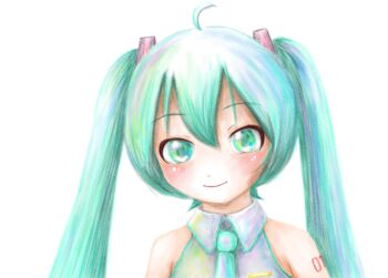 1girl absurdres ahoge aqua_eyes aqua_hair closed_mouth commentary_request faux_traditional_media hatsune_miku highres long_hair looking_at_viewer portrait sh1n_chan smile solo twintails vocaloid white_background