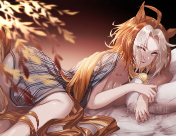 1girl animal_ears breasts cleavage collarbone highres horse_ears horse_girl horse_tail japanese_clothes kimono lying multicolored_hair orange_hair orfevre_(umamusume) purple_eyes solo tail umamusume yue_(lov_n_n)