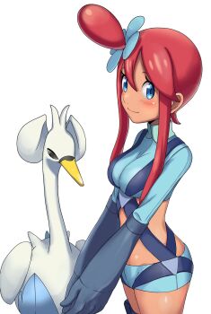 1girl beak bird blue_eyes blush breasts crop_top dark-skinned_female dark_skin from_side gen_5_pokemon gloves highres large_breasts long_sleeves midriff nintendo pokemon pokemon_bw red_hair short_shorts shorts skyla_(pokemon) swanna white_background wings yoshinatsu