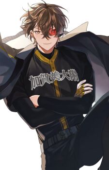 Rule 34 | 1boy, barbell piercing, baseball jersey, belt, black belt, black pants, black shirt, brown hair, closed mouth, clothes writing, commentary request, cowboy shot, crossed arms, crossed bangs, ear piercing, earrings, gloves, hair between eyes, highres, industrial piercing, jacket, jacket on shoulders, jersey, jewelry, kagami hayato, knee up, lips, long bangs, long sleeves, looking at viewer, male focus, nijisanji, nijisanji koshien, pants, piercing, scouter, shirt, short hair, simple background, single glove, smile, solo, translation request, virtual youtuber, white background, white jacket, yellow eyes, yellow gloves, zmzm hiji