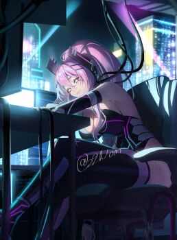 1girl absurdres armpit_crease artist_name bare_shoulders black_leotard black_sleeves black_thighhighs blue_eyes breasts building cable chair cleavage closed_mouth commentary_request detached_sleeves feet_out_of_frame hair_between_eyes hair_ornament high_ponytail highres indie_virtual_youtuber laele_darling large_breasts leotard long_hair monitor nomu_(29_nom) pink_hair ponytail purple_thighhighs screen screen_light sitting skyscraper solo thighhighs two-tone_thighhighs very_long_hair virtual_youtuber