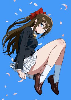 1girl absurdres black_jacket blazer blue_background blue_eyes blush bow brown_hair brown_shoes cherry_blossoms collared_shirt commentary_request hair_bow highres jacket loafers long_hair looking_at_viewer love_live! love_live!_nijigasaki_high_school_idol_club nijigasaki_school_uniform osaka_shizuku pleated_skirt red_bow school_uniform shirt shoes sidelocks simple_background skirt socks solo thighs white_shirt white_skirt white_socks zaofeng