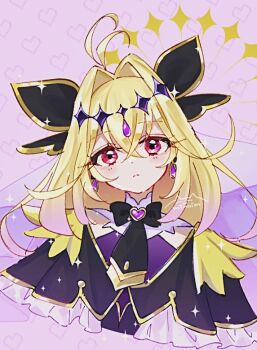 Rule 34 | 1girl, antenna hair, artist name, black capelet, black dress, blonde hair, brooch, capelet, closed mouth, commentary, cure arcana shadow, diamond hairband, dress, earrings, frilled capelet, frills, hair intakes, head tilt, heart, heart brooch, jewelry, light frown, long hair, looking at viewer, magical girl, meitantei precure!, minnim, moria luluka, precure, purple background, purple eyes, purple veil, signature, sleeveless, sleeveless dress, solo, symbol-only commentary, veil