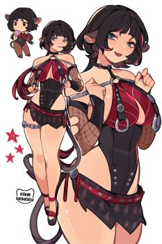 1girl animal_ears bare_shoulders black_hair black_leotard black_one-piece_swimsuit black_sarong black_shoes blue_eyes breast_curtains breasts chibi cleavage closed_mouth commentary cowboy_shot earrings english_commentary fishnet_sleeves fishnets food full_body highres holding holding_food holding_ice_cream ice_cream jane_doe_(nocturne_of_light)_(zenless_zone_zero) jane_doe_(zenless_zone_zero) jewelry kamii_momoru large_breasts leotard long_hair long_tail looking_at_viewer looking_to_the_side mouse_ears mouse_girl mouse_tail multicolored_hair multiple_views o-ring o-ring_swimsuit official_alternate_costume one-piece_swimsuit open_mouth red_hair red_one-piece_swimsuit sarong sharp_tail shoes simple_background star_(symbol) swimsuit tail thigh_strap two-tone_one-piece_swimsuit white_background zenless_zone_zero