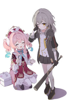 2girls baseball_bat black_jacket black_shoes bruise bruise_on_face closed_eyes closed_mouth dress first_aid_kit gradient_hair green_hair grey_hair hair_ornament hat highres honkai:_star_rail honkai_(series) hyacine_(honkai:_star_rail) injury jacket kneeling kuroi_taimu looking_at_viewer medium_hair multicolored_hair multiple_girls one_eye_closed open_clothes open_jacket open_mouth pantyhose pink_hair red_dress shirt shoes short_twintails skirt smile stelle_(honkai:_star_rail) trailblazer_(honkai:_star_rail) twintails white_pantyhose white_shirt yellow_eyes
