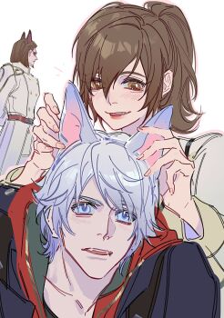 1girl 2boys absurdres animal_ears blue_eyes blush brown_eyes brown_hair chinese_commentary collarbone commentary_request couple devil_may_cry_(series) dog_boy dog_ears dress embarrassed faceless faceless_male formal_clothes hair_between_eyes hands_on_another's_ears happy head_tilt hetero high_ponytail highres jacket kyrie_(devil_may_cry) leaning_back long_hair looking_at_viewer multiple_boys nero_(devil_may_cry) open_mouth pink_lips ponytail smile standing suit upper_body warsong_zhange white_hair