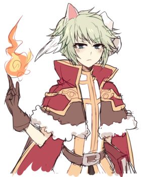 1boy animal_ears astrarunia book boots brown_boots brown_gloves cape closed_mouth dog_boy dog_ears expressionless feathered_wings fire fur-trimmed_cape fur_trim gloves green_eyes green_hair hand_up head_wings high_wizard_(ragnarok_online) holding holding_book looking_at_viewer male_focus pyrokinesis ragnarok_online red_cape shirt short_hair simple_background solo upper_body white_background white_shirt white_wings wings