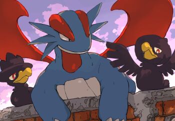 aomon_(yuuji7604) bird black_feathers blue_skin brick_wall bright_pupils claws cloud colored_skin dragon feathers gen_2_pokemon gen_3_pokemon highres looking_at_another looking_at_viewer murkrow nintendo no_humans on_wall pokemon pokemon_(creature) pokemon_focus purple_sky red_eyes red_wings salamence sky spread_wings white_pupils wings