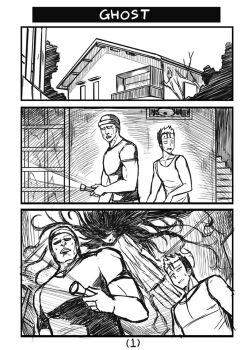 1girl 2boys 3koma beanie black_hair comic dark english_text flashlight ghost greyscale hat monochrome multiple_boys original page_number peach88 ruins saeki_kayako screen_door shaded_face silent_comic spiked_hair stairs sweatdrop tank_top the_grudge