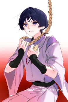 1boy armor belt black_belt black_hair blunt_ends clothing_cutout cnorkie crying crying_with_eyes_open eyelashes eyeliner eyeshadow feathers furrowed_brow genshin_impact gradient_background hair_intakes hands_up highres holding holding_feather japanese_armor japanese_clothes kariginu kimono kote kurokote layered_sleeves makeup male_focus noose open_mouth pants pelvic_curtain purple_eyes purple_kimono purple_sleeves red_eyeliner red_eyeshadow rope scaramouche_(genshin_impact) scaramouche_(kabukimono)_(genshin_impact) shoulder_cutout sitting solo string tears twitter_username white_mouth white_pants white_sleeves wide_sleeves wispy_bangs yellow_feathers