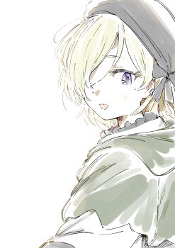 1girl black_hat blonde_hair blush commentary_request hair_over_one_eye hat highres looking_at_viewer looking_back love_live! love_live!_nijigasaki_high_school_idol_club love_live!_nijigasaki_high_school_idol_club_the_movie_-_finale mia_taylor one_eye_covered open_mouth purple_eyes senda_nara short_hair simple_background smile solo upper_body white_background