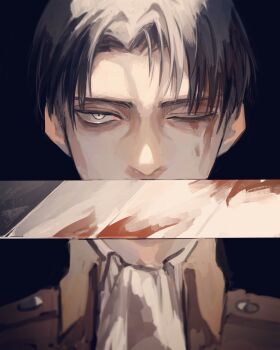 1boy ascot black_background blood blood_on_face bloody_weapon brown_hair brown_jacket collared_jacket expressionless fatalbug896 highres jacket jitome levi_(shingeki_no_kyojin) male_focus one_eye_closed paradis_military_uniform portrait shingeki_no_kyojin simple_background small_pupils solo sword weapon white_ascot wing_collar yellow_eyes