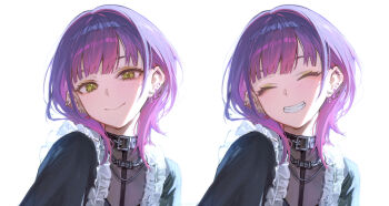 1girl barbell_piercing black_collar black_shirt blunt_bangs chain chain_earrings collar commentary demon_girl ear_piercing earclip earrings english_commentary frilled_straps gradient_hair green_eyes grin hololive industrial_piercing jewelry looking_at_viewer making-of_available medium_hair multicolored_hair ninomae_ina&#039;nis_(artist) official_alternate_costume piercing pink_hair purple_hair shirt simple_background smile tokoyami_towa virtual_youtuber white_background