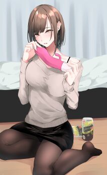 1girl akiyama_cz4a alcohol bed beer black_skirt bra_strap breasts brown_hair commentary_request dildo highres holding holding_sex_toy looking_at_viewer medium_breasts mole mole_under_eye open_mouth original panties pantyhose sex_toy short_hair skirt solo underwear yellow_eyes