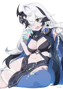 1girl bandages blue_eyes blush breasts can cleavage collarbone commentary_request cosette_(stella_sora) drink_can grey_hair hair_between_eyes hair_ornament highres holding holding_can medium_breasts navel ochiaki scarf simple_background soda_can solo spilling stella_sora stomach thighhighs white_background