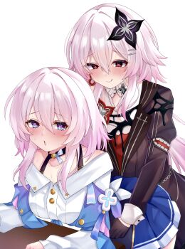 2girls @_@ absurdres black_choker black_dress black_flower black_gloves blue_eyes blue_jacket blue_skirt blush bra_strap breasts buttons choker collarbone commentary_request dress dual_persona earrings evernight_(honkai:_star_rail) flower flower_ornament gloves gradient_clothes gradient_jacket hair_flower hair_ornament highres honkai:_star_rail honkai_(series) jacket jewelry long_sleeves march_7th_(honkai:_star_rail) march_7th_(preservation)_(honkai:_star_rail) medium_breasts medium_hair mimiya miniskirt multicolored_eyes multiple_girls off-shoulder_jacket off_shoulder official_alternate_costume official_alternate_design official_alternate_eye_color official_alternate_hair_length official_alternate_hairstyle open_mouth pink_eyes pink_hair pink_jacket pink_pupils pleated_skirt red_eyes selfcest shirt simple_background single_earring skirt sweatdrop tied_jacket two-tone_eyes variant_set white_background white_shirt yuri