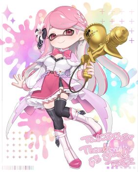 1girl :&gt; aerospray_(splatoon) alternate_species black_bow black_shorts black_thighhighs boots bow bowtie braid breasts capelet cleavage closed_mouth commentary_request commission earrings flower frilled_skirt frills full_body hair_bow hair_flower hair_ornament highres holding holding_weapon indie_virtual_youtuber inkling inkling_girl inkling_player_character jewelry kazumin_(vtuber) knee_boots large_breasts long_hair long_sleeves looking_at_viewer nintendo pink_bow pink_bowtie pink_capelet pink_eyes pink_hair pink_skirt pointy_ears puchiman second-party_source shirt shorts shorts_under_skirt side_slit single_braid skeb_commission skirt smile solo splatoon_(series) tentacle_hair thighhighs virtual_youtuber weapon white_boots white_flower white_shirt
