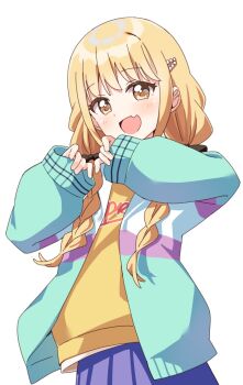 1girl blonde_hair blush fujita_kotone gakuen_idolmaster haru_(konomi_150) highres idolmaster jacket open_mouth simple_background smile solo standing white_background yellow_eyes