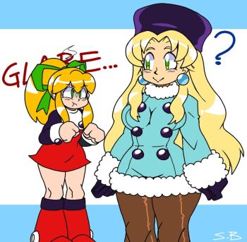 2girls :t ? blonde_hair breast_envy breasts capcom cape gloves green_eyes hair_ribbon kalinka_cossack_(mega_man) large_breasts legs long_hair mega_man_(classic) mega_man_(series) mega_man_4 multiple_girls pantyhose ponytail pout ribbon roll_(mega_man) small_breasts smile thick_thighs thighs turn_pale very_long_hair winter_clothes