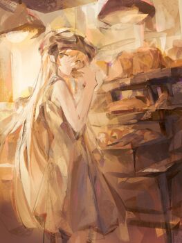 Rule 34 | 1girl, absurdres, aviator cap, bakery, bare arms, black helmet, blonde hair, bread, brown eyes, brown theme, display, donut, dress, eating, eynv, feet out of frame, food, from side, full body, goggles, goggles on headwear, hand to own mouth, hand up, hanging light, helmet, highres, holding, holding donut, holding food, indoors, loaf of bread, long hair, looking at viewer, monogatari (series), oshino shinobu, pinky out, shop, sleeveless, sleeveless dress, solo, standing, straight hair, sundress, very long hair, white dress