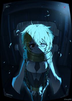 Rule 34 | 1girl, black necktie, black skirt, black thighhighs, blonde hair, bound, bound wrists, breasts, cape, chain, character name, collar, commentary, cuffs, cuffs-to-collar, don quixote (project moon), english commentary, fisheye, gold chain, gold collar, hair between eyes, highres, iany8030, index (identity) (project moon), legs together, limbus company, looking at viewer, medium breasts, metal collar, necktie, pleated skirt, project moon, recording, shackles, shirt, short hair, skirt, smile, solo, thighhighs, twitter username, viewfinder, white cape, zettai ryouiki