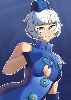 Rule 34 | absurdres, blue dress, blue gloves, blue hat, breasts, cleavage, commentary, dress, elizabeth (persona), english commentary, gjh, gloves, hat, highres, open clothes, persona, persona 3, persona 3 portable, persona 3 reload, short hair, solo, white hair, yellow eyes