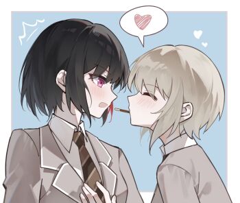 2girls aoba_moca bang_dream! bang_dream!_girls_band_party! black_hair blue_background brown_necktie closed_eyes collared_shirt commentary food food_in_mouth grey_hair grey_jacket haneoka_school_uniform heart jacket kagisase mitake_ran multiple_girls necktie open_mouth pink_eyes pocky pocky_in_mouth school_uniform shirt short_hair simple_background spoken_heart upper_body white_shirt yuri